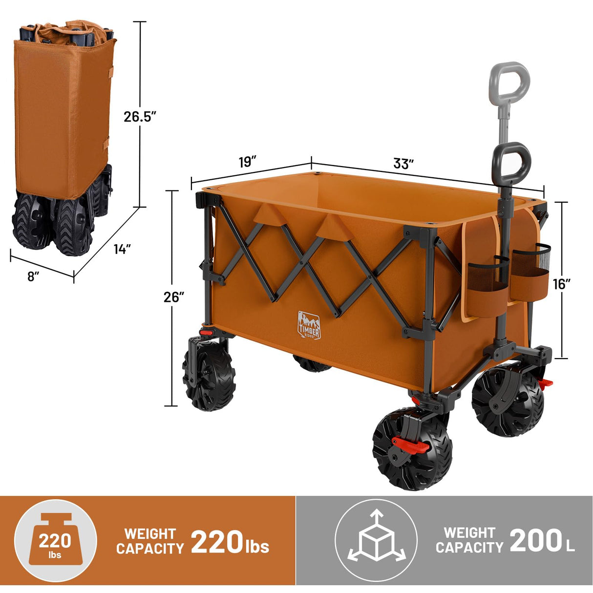 TIMBER RIDGE Outdoor Collapsible Folding Wagon with Brakes and Cup Holders, 500lbs Heavy Duty All Terrain Wheels Utility Cart for Shopping Camping Garden Sports, Orange