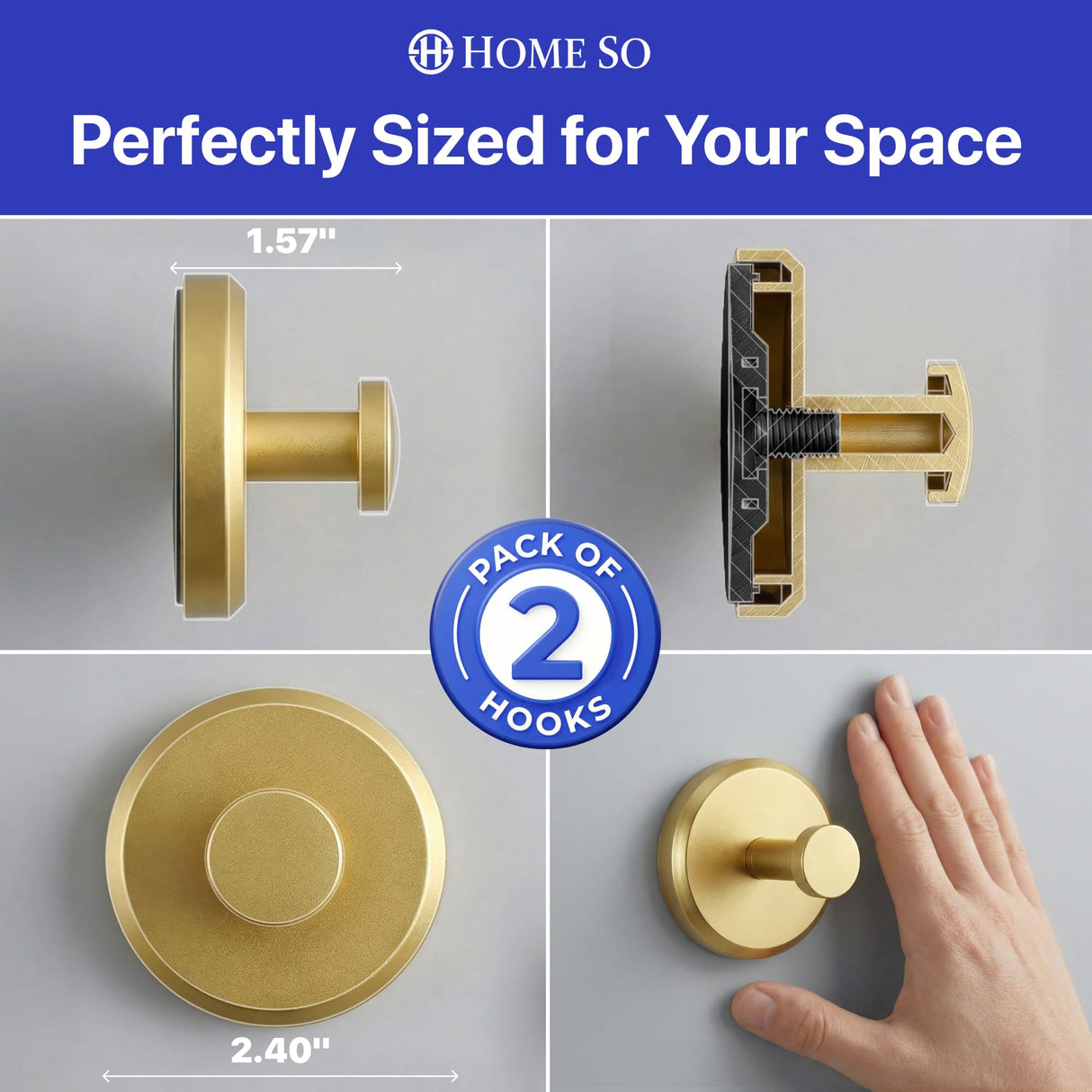 HOME SO Suction Cup Hooks for Shower & Bathroom Towel Holder 2-Pack – Suction Cups Hooks for Hanging Towels, Robes, & Coats - Tiles, Glass Door or Mirror – Shower Hooks & Towel Hooks Organizer - Gold