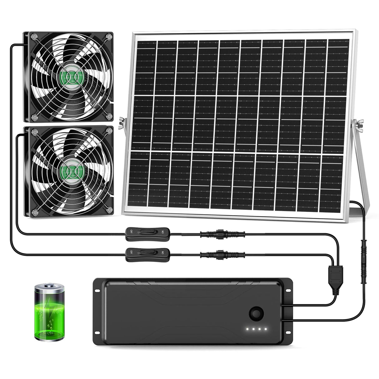 pqins Solar Fan with Battery, 25W Solar Powered Rechargeable Fan Outdoor Waterproof, 12800 mAh Battery Exhuast or Intake Fans, For Chicken Coop Greenhouse Dog Shed Ventilation Cooling