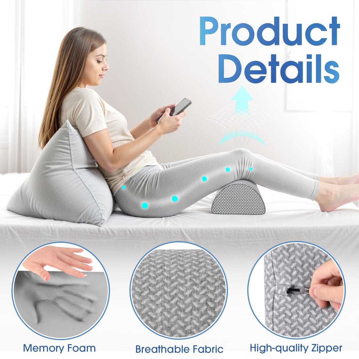 TranquilRelax Knee Pillow for Back Sleeping Memory Foam Half Moon Bolster Pillow for Legs, Under Knee Support, Ankle & Foot Comfort Orthopedic Pillow for Side Sleepers (Grey, 20.4" x 8" x 4.9")