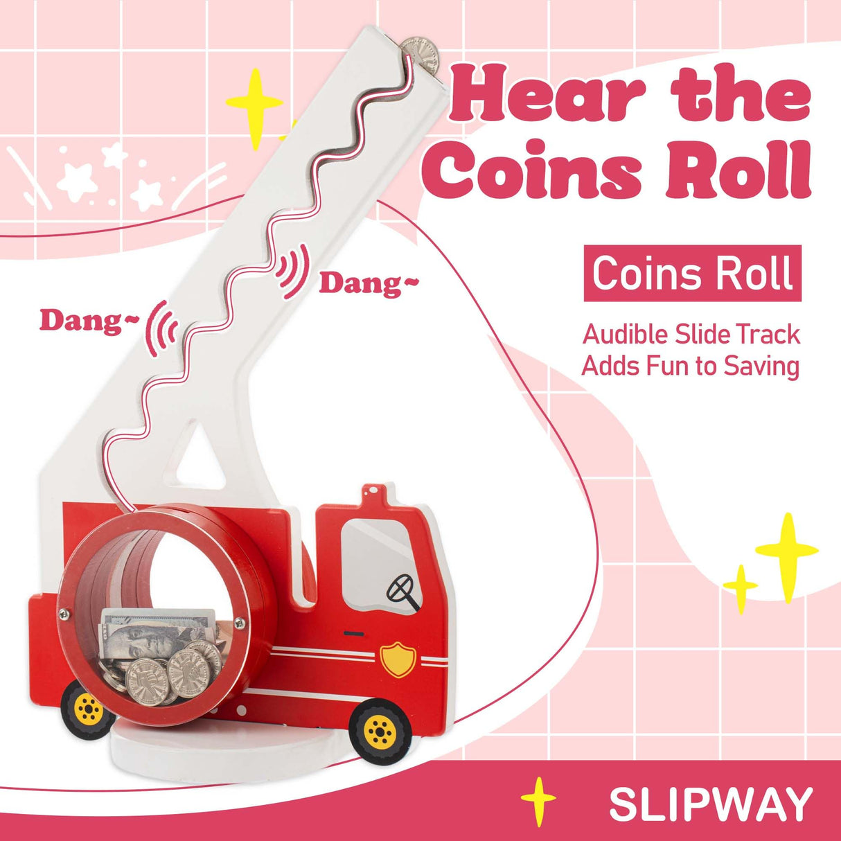 AORCMITN Wooden Fire Truck Piggy Bank for Boys Kids Girls Clear Big Belly Animal Coin Bank for Toddler Birthday Christmas Real Money Toy