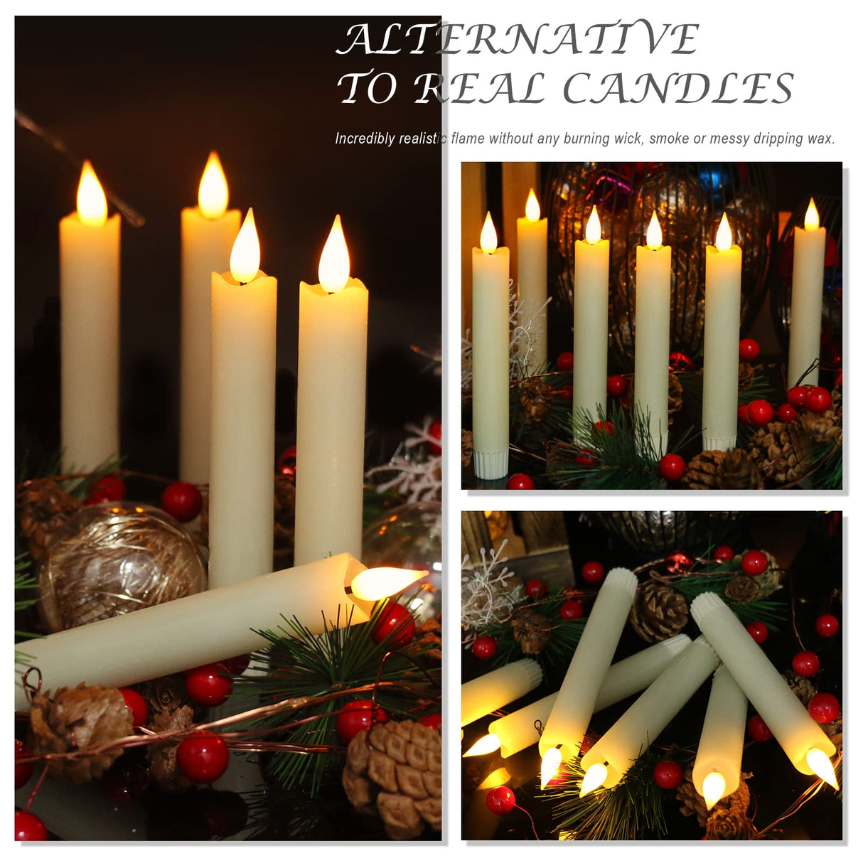 PChero Flameless Flickering Taper Candles with Remote Timer and Dimmer, 6.4 Inch Real Wax Ivory LED Candlesticks Battery Operated for Halloween Christmas Home Wedding Decor