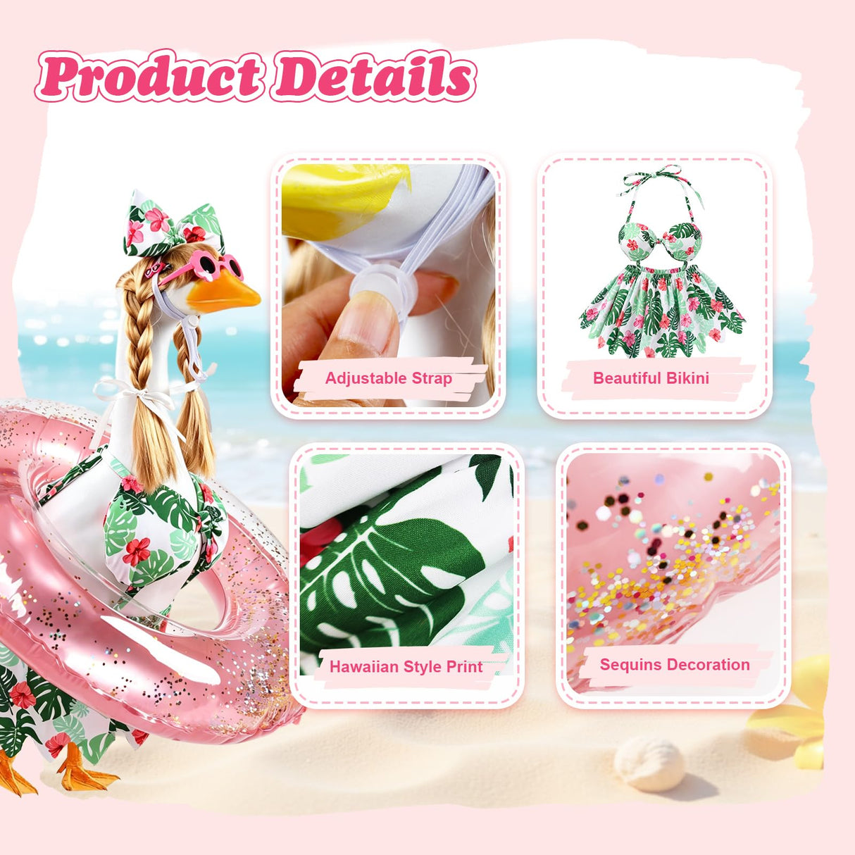 GJL Porch Goose Bikini Outfits with Inflatable Pool Ring, Sunglasses & Wig, Hawaiian Costume for 23 Inch Plastic Cement Goose Statue, Summer Porch Goose Outfit for Pool Party Yard Lawn Garden Decor