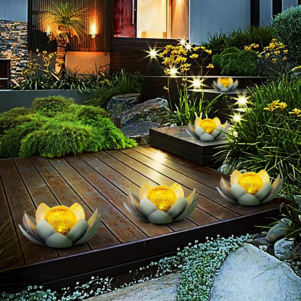 Huaxu Garden Solar Light Outdoor, Amber Crackle Globe Glass Lotus Decoration, Waterproof Gray Metal LED Flower Lights for Patio,Lawn,Walkway,Tabletop,Ground…