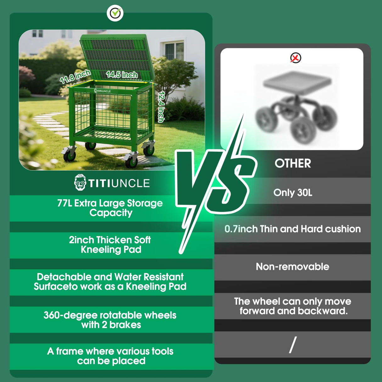 TITIUNCLE Rolling Garden Work Seat with Wheels, 500 Lbs Garden Cart with Seat, Heavy Duty Metal Rolling Garden Stool with Wheels for Seniors, Lawn, Patio, Backyard Gardening Outdoor Use 3 in 1, Green