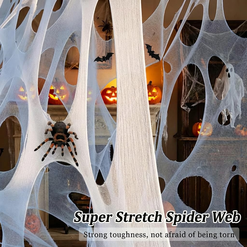 wymulot 1200 Sqft (After Streched with Holes) Uncut Giant Spider Web Halloween Decorations Outdoor with 10 Ground Nails Stretchy Beef Cloth Netting Cut-Your-Own Flexible Elastic for Yard Party Decor