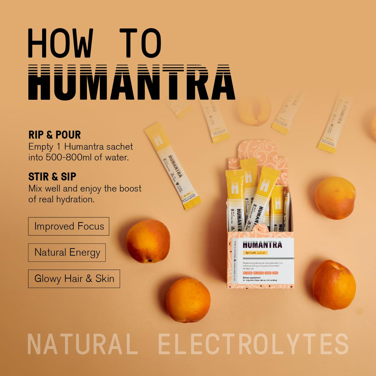 Humantra Hydration Packets | Zero Sugar Electrolyte Hydration Multiplier w/Essential Minerals, Boost Immune & Metabolic Functions | Electrolytes Powder (20 Count, Apricot)