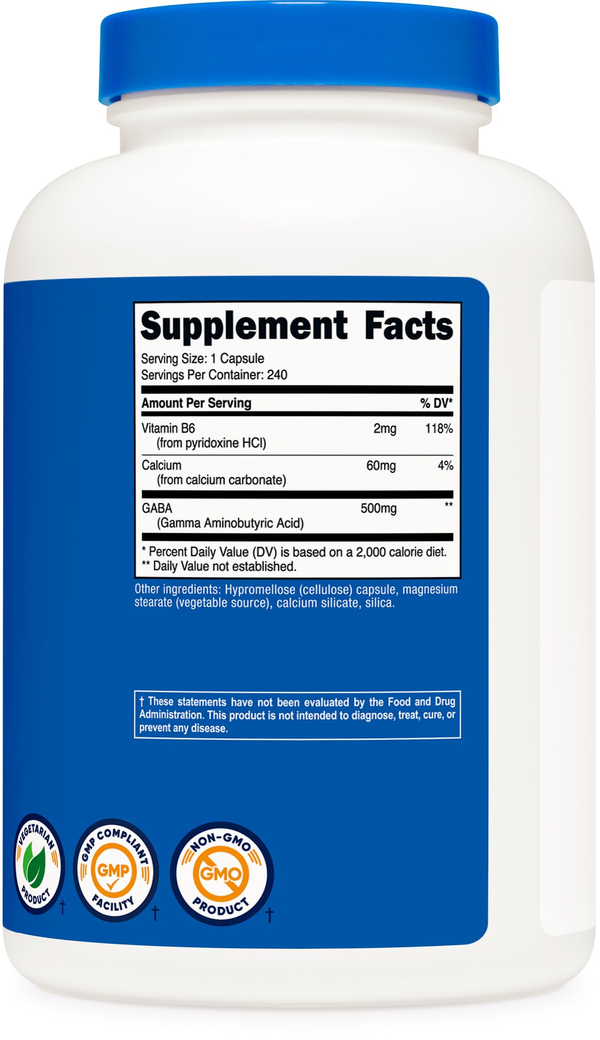 Nutricost GABA (Gamma Aminobutyric Acid) + Vitamin B6, 500mg per Serving, 240 Capsules