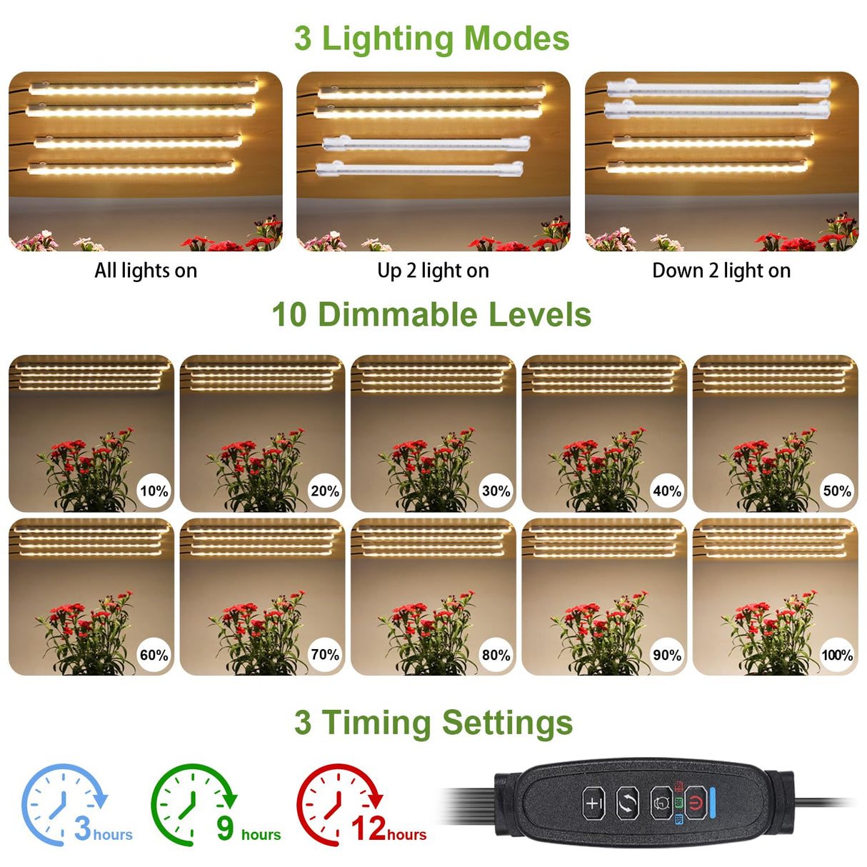 8.6'' LED Grow Light Strips, Full Spectrum 3500K Grow Lights for Indoor Plants, 4 Head with 3/9/12H Timer, 10 Dimmable Levels, Suitable for Seedling, Succulent, Plant Shelf and Greenhouse, 1-Pack
