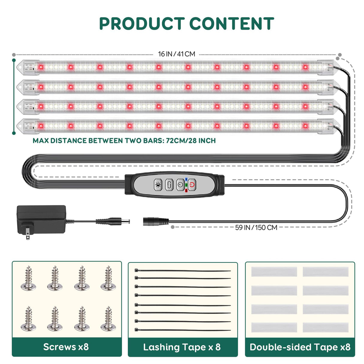 LPMZMBL 4-Bar Grow Light Strips for Indoor Plants, 16" Plant Lights, 6500K Sunlike Grow Lights with 6/12/18H Timer, 5 Dimmable Levels for Indoor Growing
