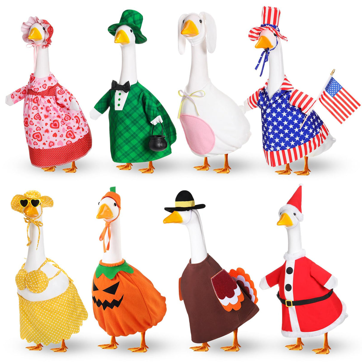 FuWeave 8 Set Holiday Porch Goose Outfits Fall Halloween Christmas Valentine St. Patrick Easter Summer 4th of July Lawn Porch Goose Clothing for Patio Yard Lawn Decor(23 Inch)