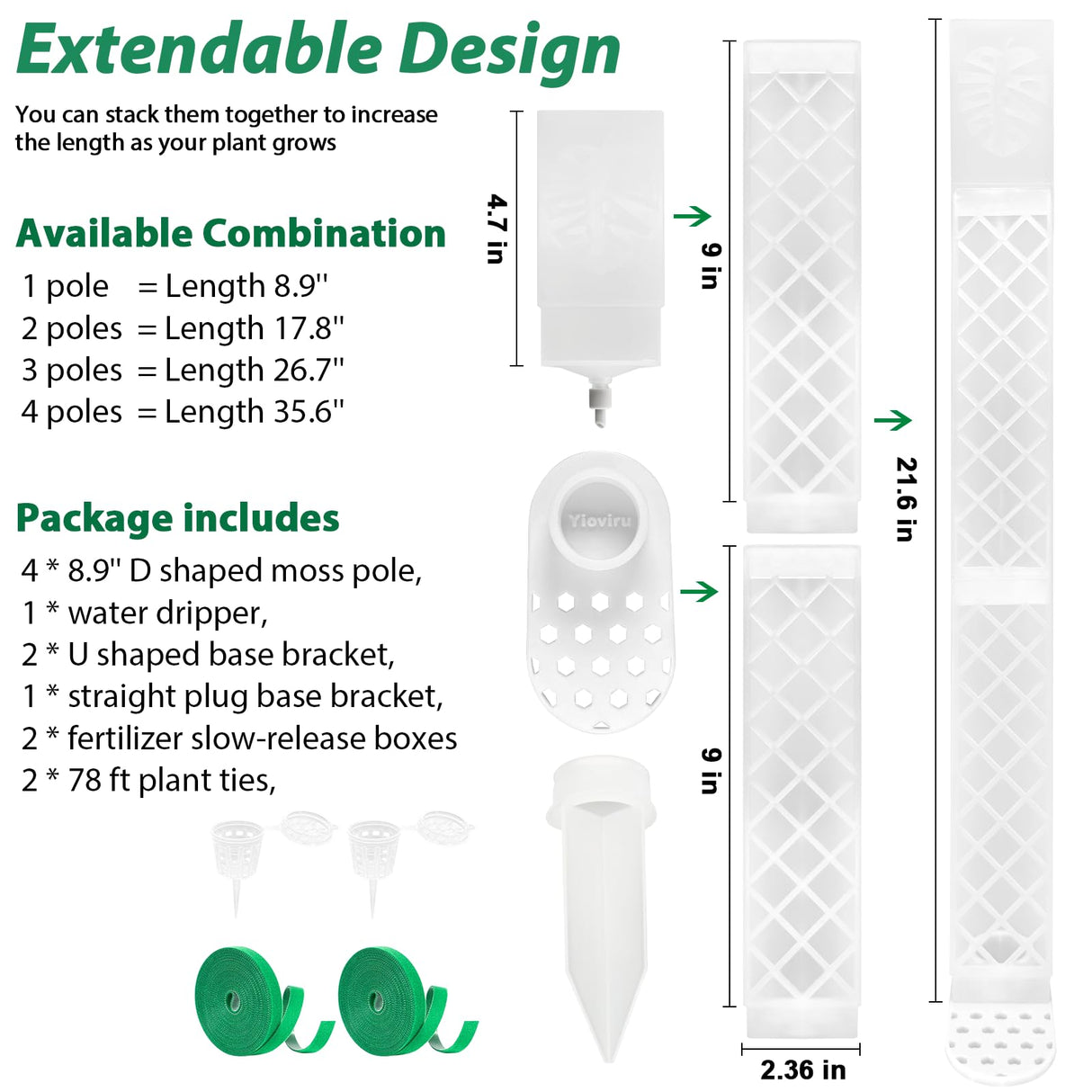 4 Psc 9 Inch D Shaped Moss Pole with Watering Dripper, Plastic Moss Poles for Climbing Plants, Sturdy Monstera Plant Support, Self Watering Moss Pole Kit for Plants Indoor (1Pack 4Pcs-Translucent)