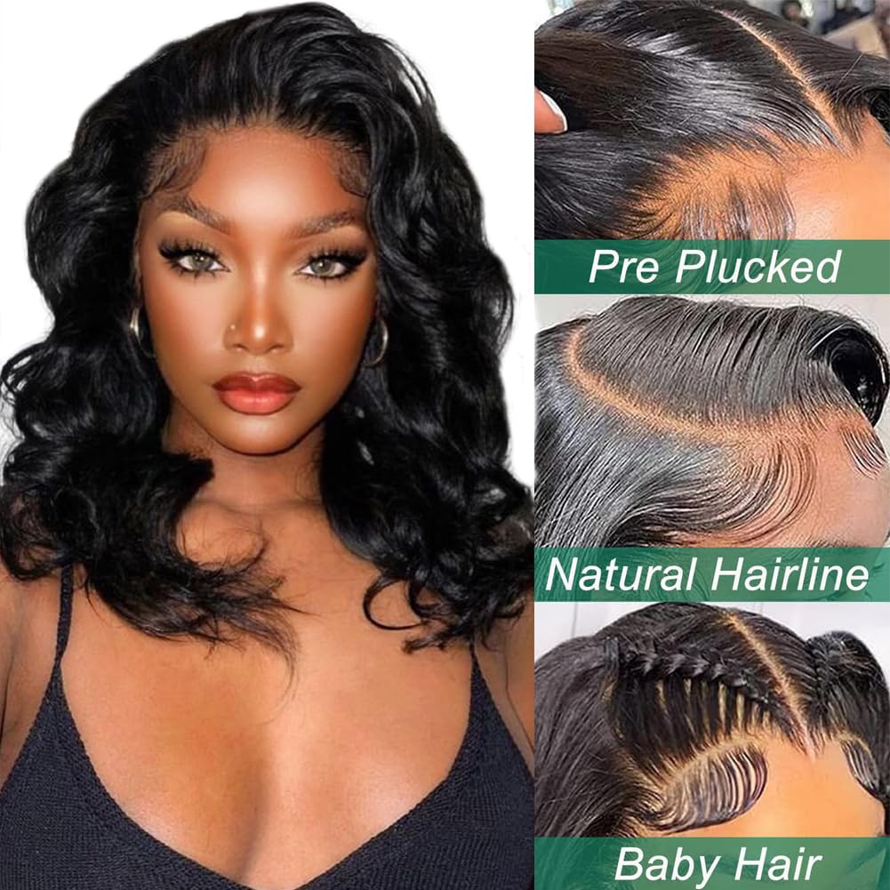 Douyin Bob Wig Human Hair 13x4 Frontal Lace Wig 14 Inch Body Wave 180% Density HD Lace Front Wigs Human Hair Pre Plucked Bob Wigs for Women (14 inch, Natural Black)