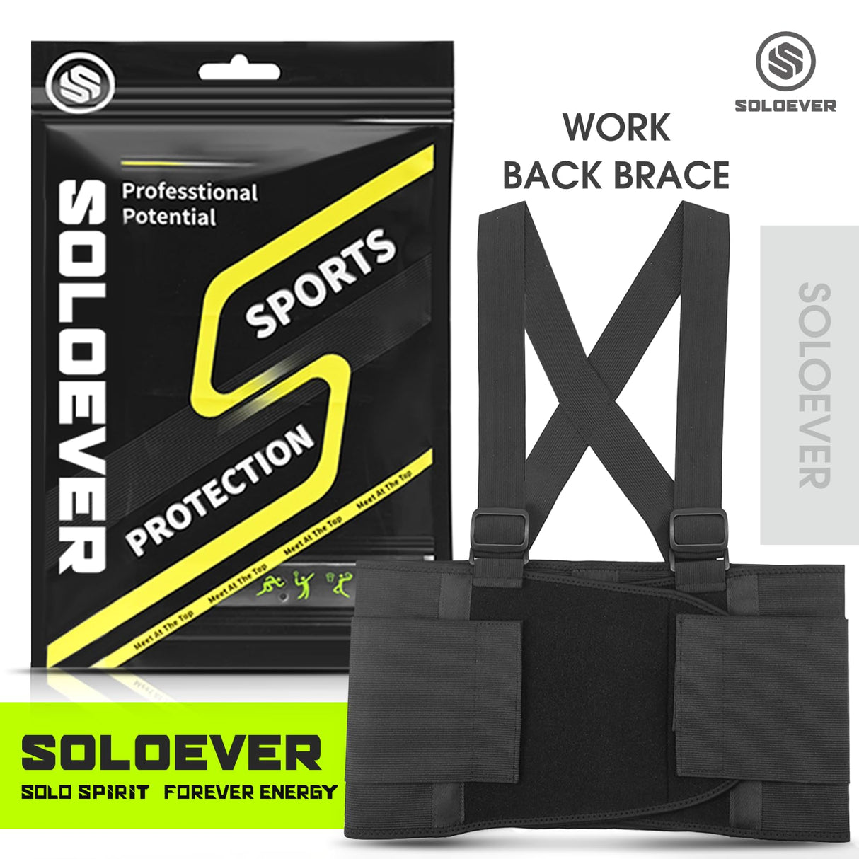 SOLOEVER Work Back Brace for Men & Women, Adjustable Lower Back Support Belt with Suspenders for Back Pain Relief, Moving Construction Warehouse Heavy Lifting Safety & Protection (Black, Medium)