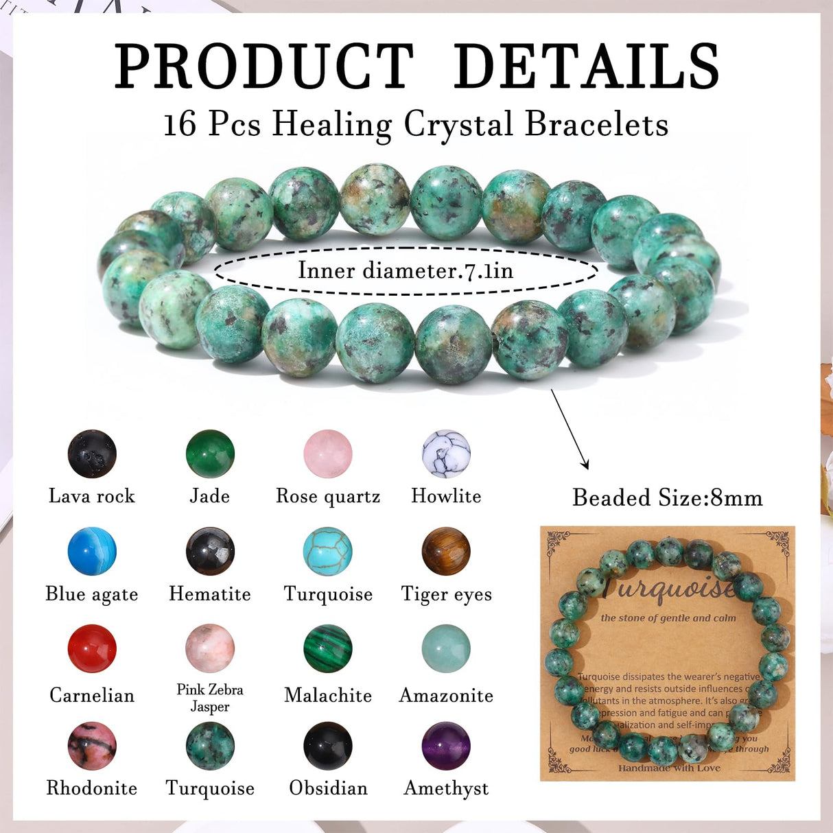 FINZOR 16 PCS Healing Crystal Bracelet for Women Men 8mm Natural Stone Beaded Bracelets Round Gemstones Stretch Bead Bracelet Birthday Gifts