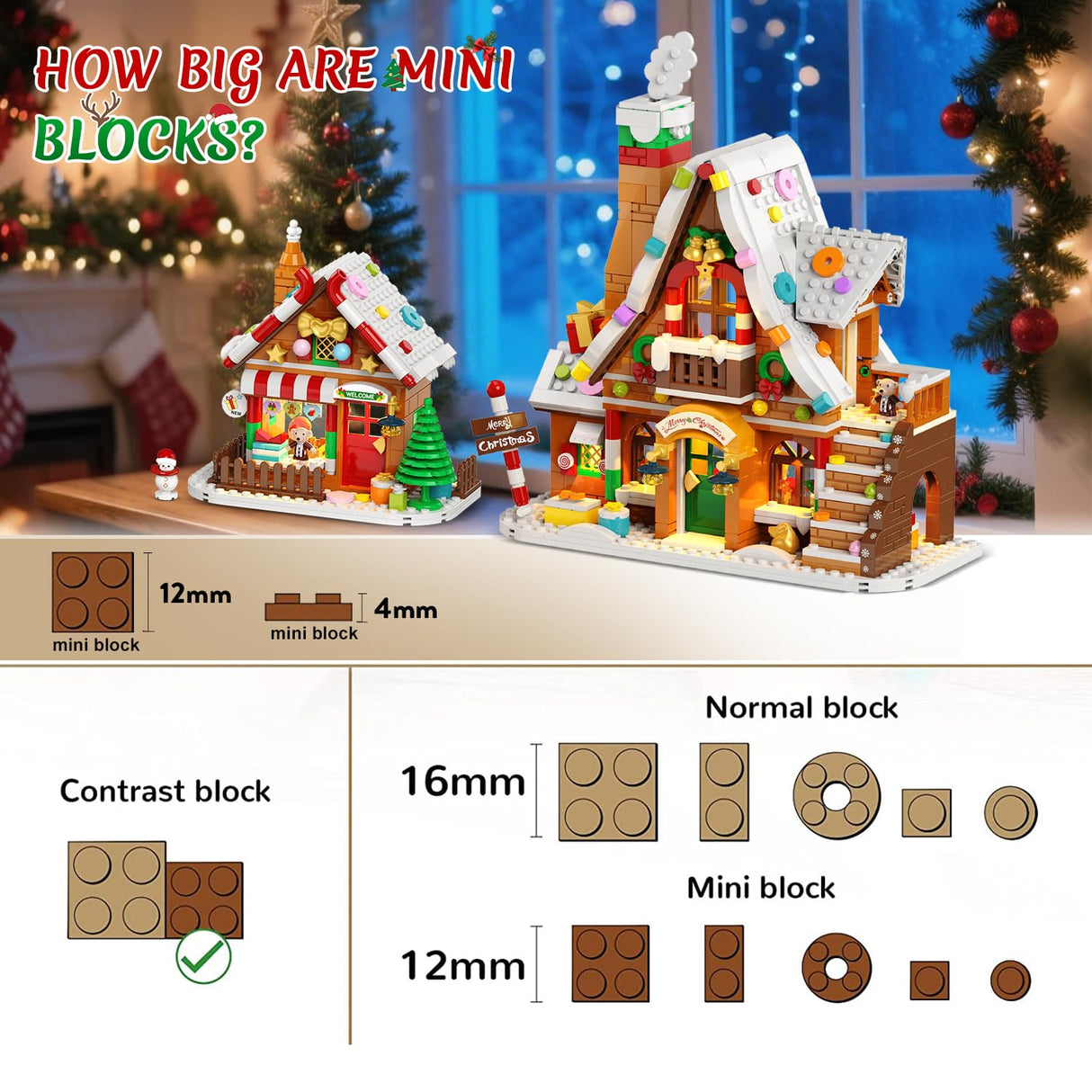 PLAXSOON Christmas Gingerbread House Village Mini Building Set with Lights, 1955 PCS Holiday Village Building Block Toy with Xmas Tree Train Santa for Home Decor, Gift for Adults Kids Girls Boys 14+