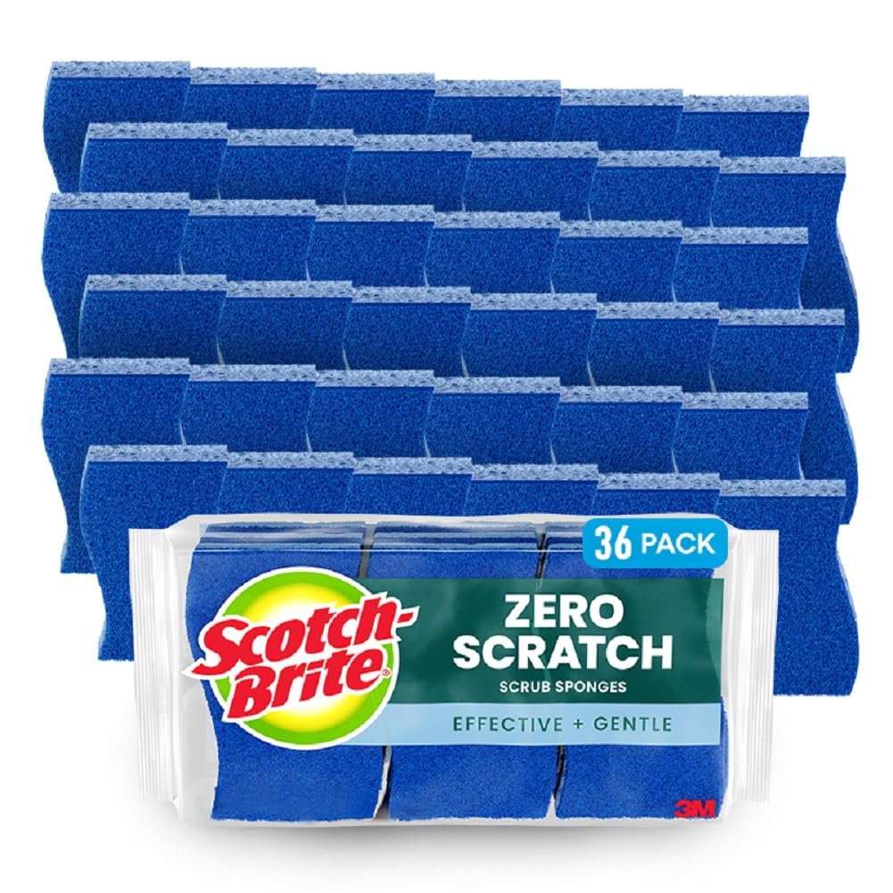 Scotch-Brite Zero Scratch Scrub Sponge, 36 Kitchen Sponges for Cleaning Around the Home, Bathroom & More, Effective + Gentle Dish Scrubber, Best for Nonstick Pots and Pans, Safe on Most Surfaces