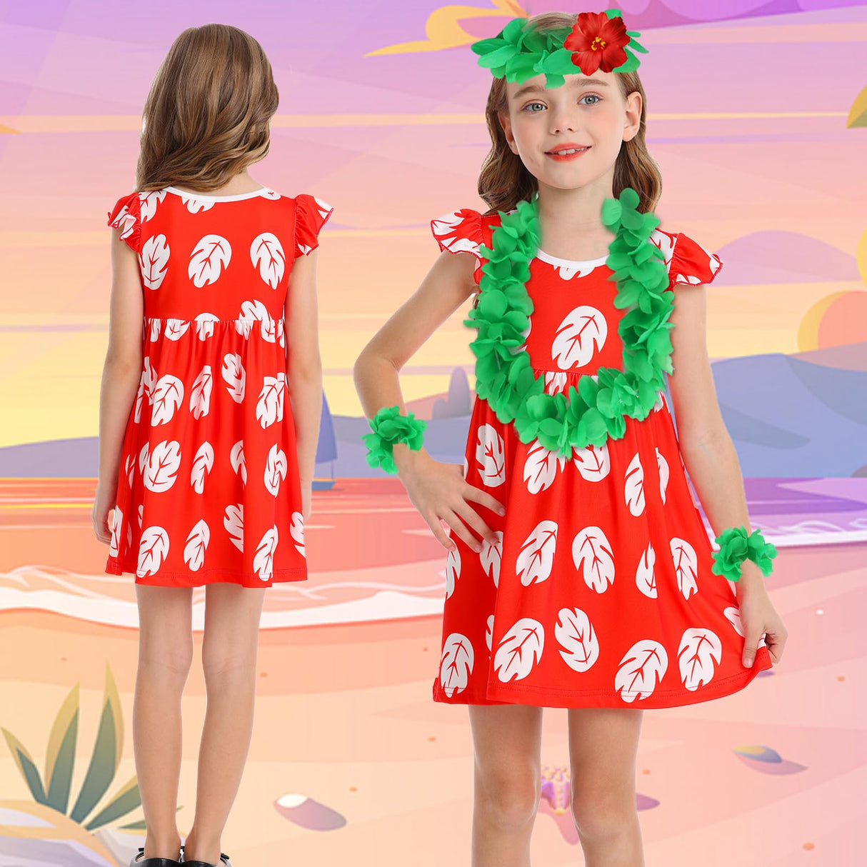 Benylion Hawaiian Dress for Girls Red Leaf Dress With Flowers Hairpin Summer Dresses Halloween Christmas Costumes Party Wear 7-8 Years