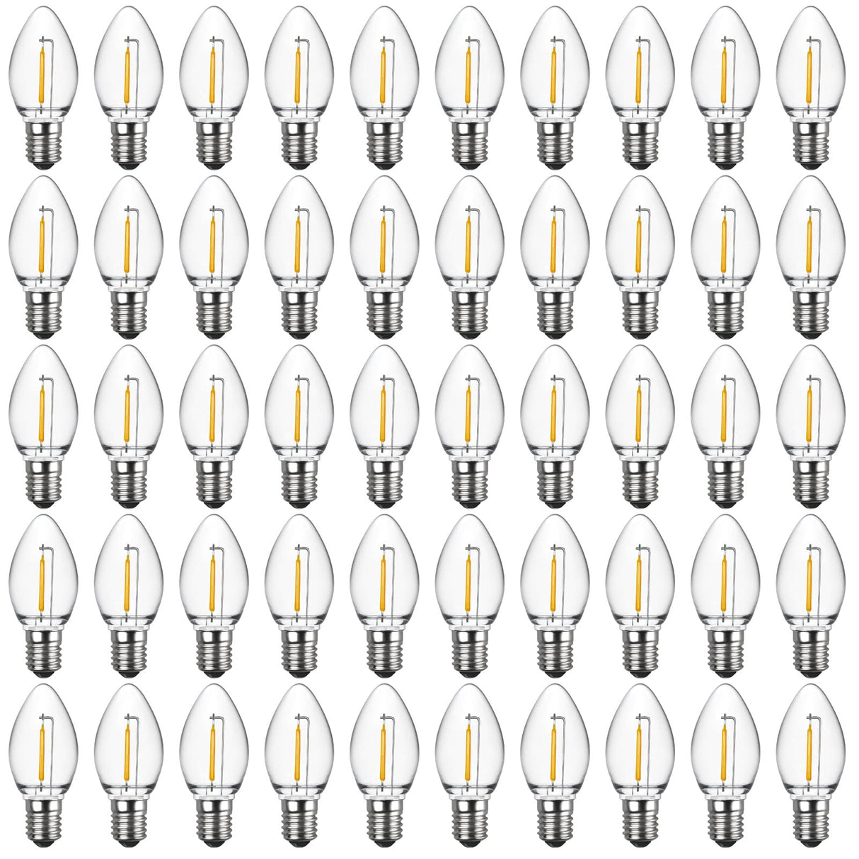Meconard C7 Led Replacement Christmas Light Bulbs, C7 Shatterproof Led Bulbs for Christmas Outdoor String Lights, E12 Candelabra Base, Commercial Grade Holiday Bulbs, Warm White, 50 Pack