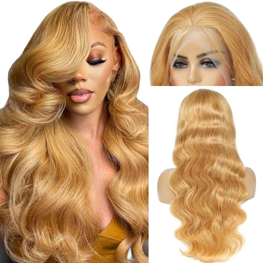 Honey Blonde Wig Human Hair 200% Density 13x4 Blonde Wig Human Hair Body Wave Lace Front Wigs Human Hair Pre Plucked Colored 27# Lace Frontal Wigs 24 Inch
