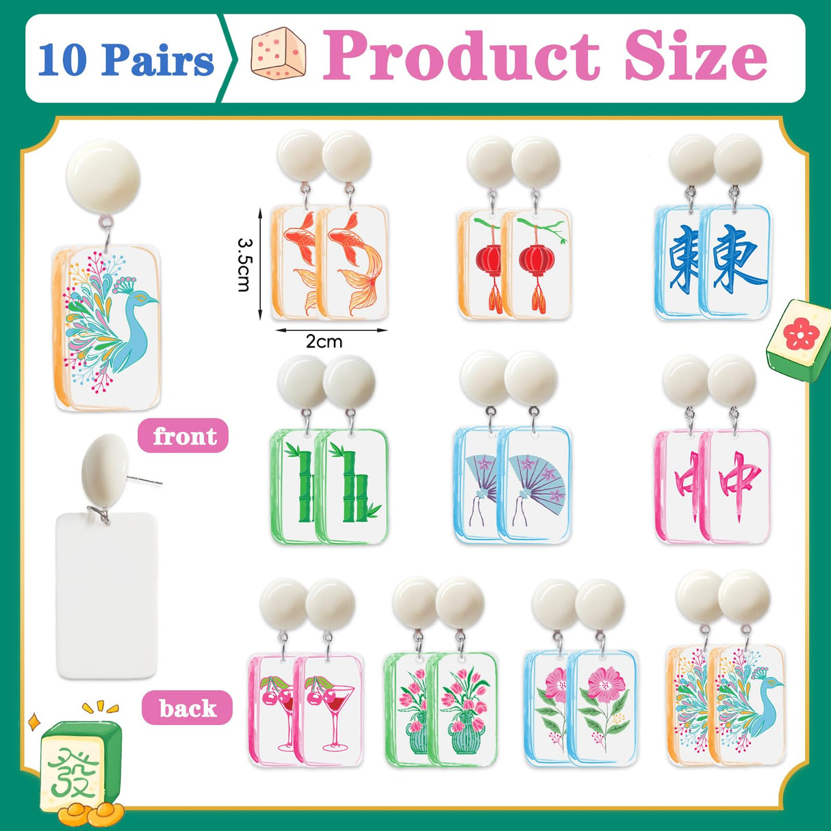 20 Pcs Mahjong Earrings 10 Set Women Funny Acrylic Mahjong Tile Dangle Earrings Creative Geometric Jewelry Lucky Mah Jongg Gifts for Women Friendship Accessories