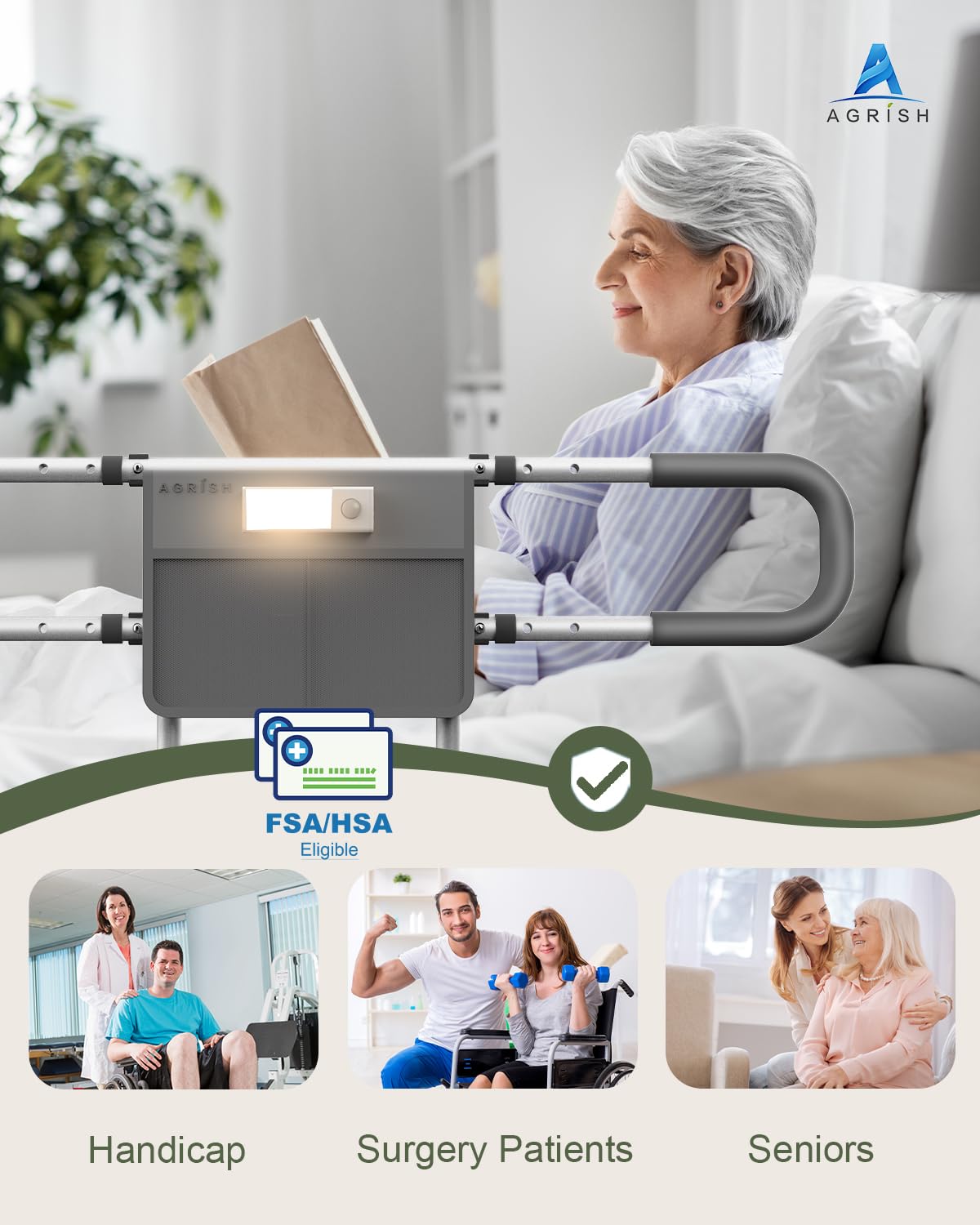 Agrish Bed Rails for Elderly Adults Safety - FSA/HSA Eligible with Motion Light & Storage Pouch - Bed Assist Rails for Seniors, Surgery Patients & Handicap, Fit King Queen Full Twin Bed