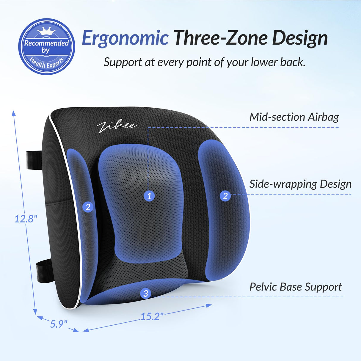 ZIKEE Lumbar Support Pillow for Office Chair and Car Seat with Aribag Design, Adjustable Back Support Lumbar Pillow with Memory Foam for Lower Back Pain Relief & Improved Posture, Dual-Strap Design