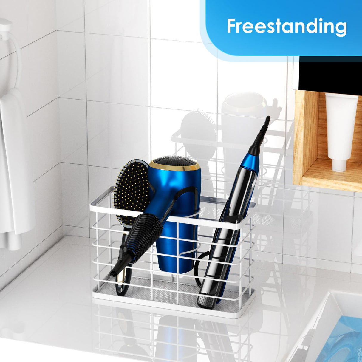 Agotglmi Hair Tool Organizer, Dryer Holder, 3 in 1 Blow Bathroom Organizer Wall Mounted/Cabinet Door for Flat Iron, Curling Straightener, Care & Styling Tools Storage Basket (White)