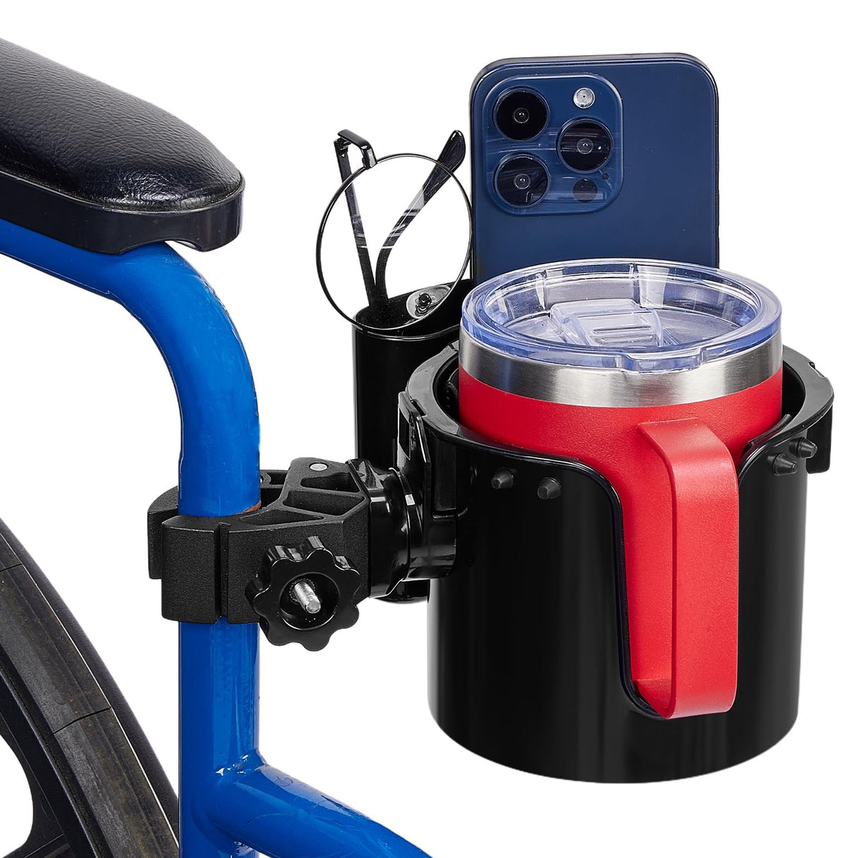 JOYTUTUS Wheelchair Cup Holder, 2-in-1 Walker Cup Holder with 4.72'' Small Storage Box, Drink Holder for Bottle with Handle, Fit for Wheelchair, Walker, Rollator, Stroller, Camper, Golf cart (Small)