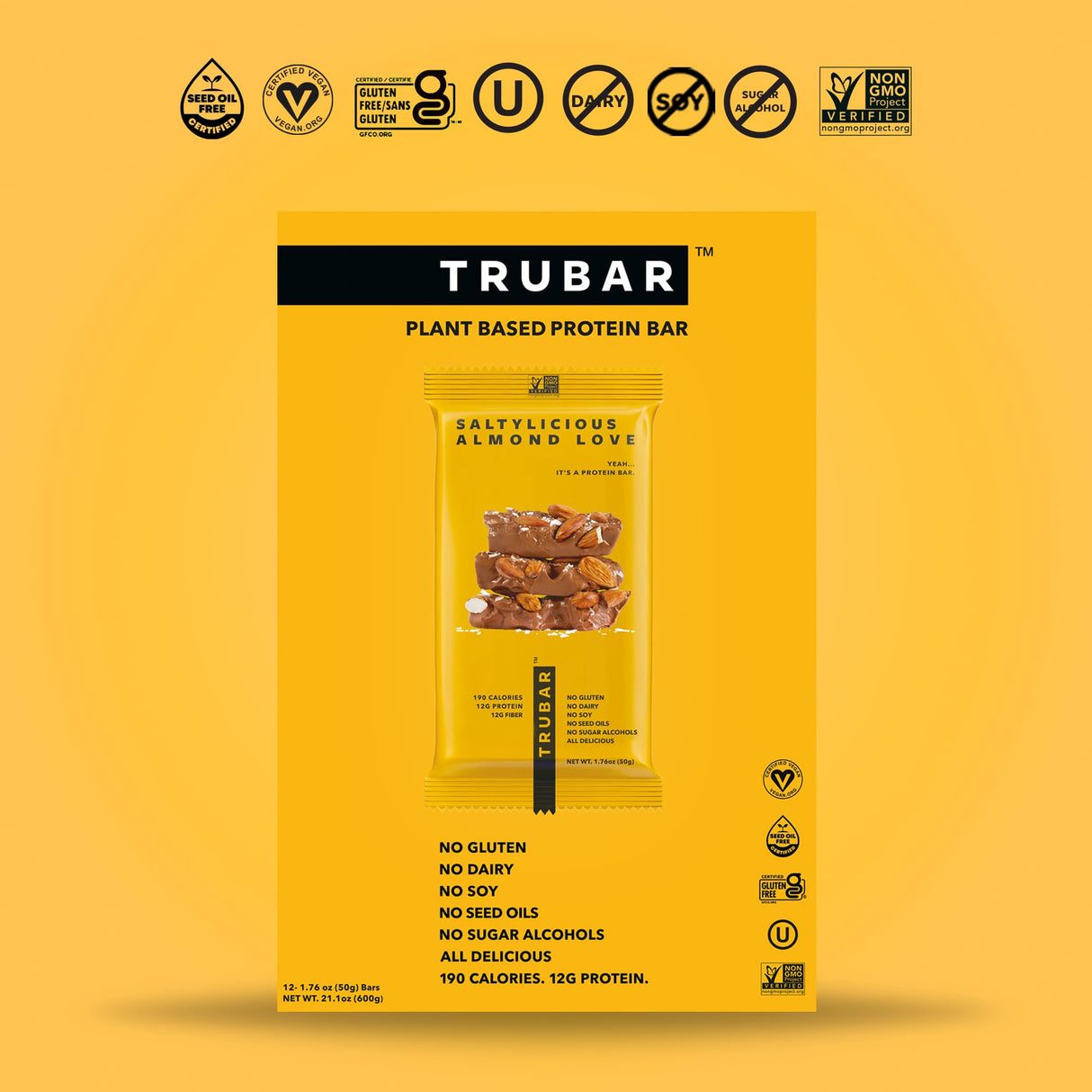 TRUBAR Vegan Protein Bar, Saltylicious Almond Love, Gluten Free, Plant Based, High Fiber, Dairy Free, Low Fat, Non GMO, No Sugar Alcohols, 12G Lean Protein, 13G Fiber, Healthy Snack Bars, 12 CT