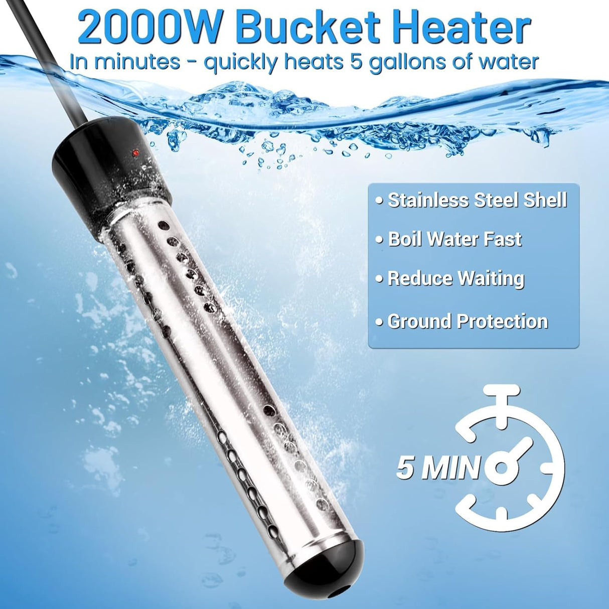 2000W Immersion Water Heater, Portable Water Heater Electric with 304 S S Guard & LCD Thermometer, Submersible Bucket Heater Heat 5 Gallons of Water in Minutes for Home Bathtub Basin