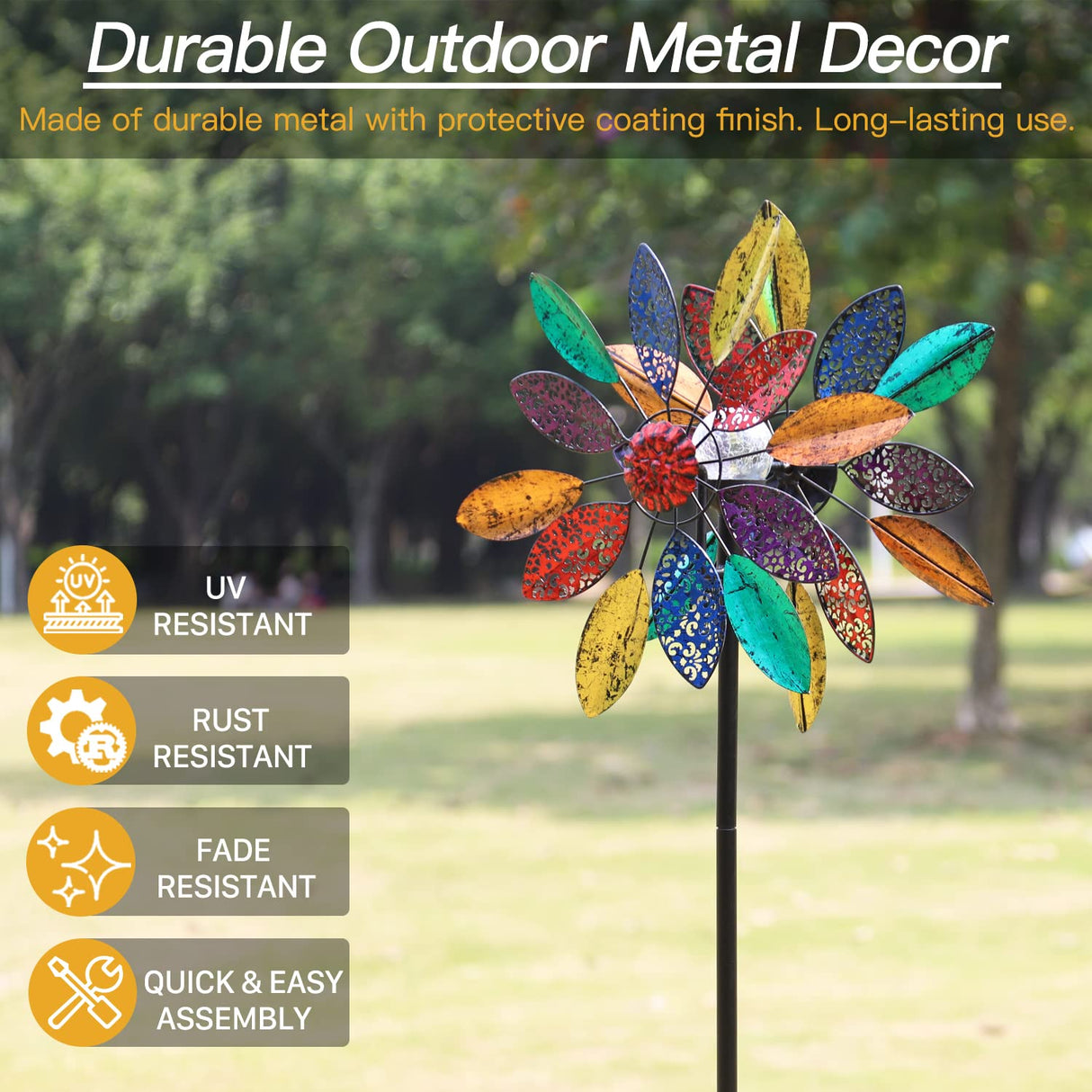 Cyan Oasis Solar Garden Wind Spinners with Light, Metal Yard Wind Spinners with Stake for Outdoor Lawn Decor (20" W x 77" H)