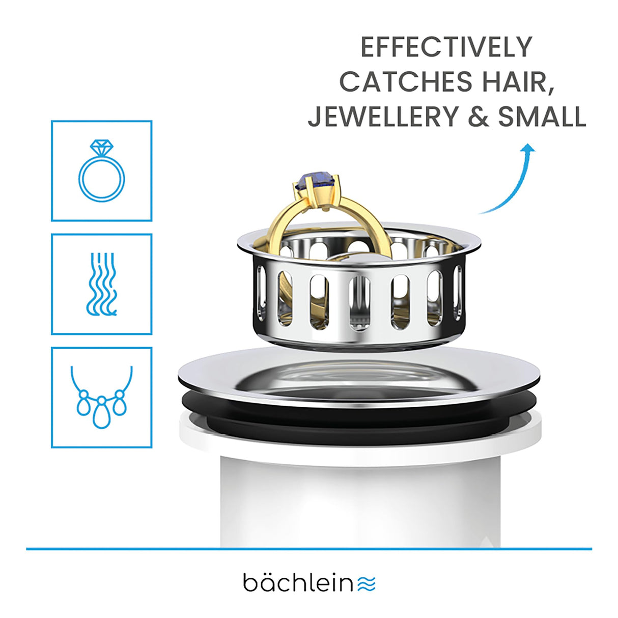 Bchlein Pop Up Drain Fitting with Overflow for the Sink, 70mm, Stainless Steel & Silicone, Kitchen Sink Drain