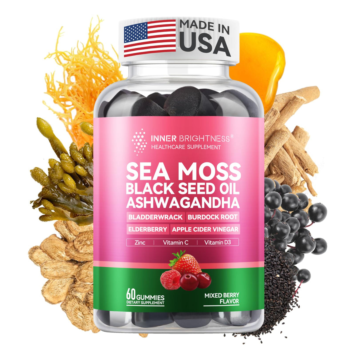 Inner Brightness Sea Moss 4000mg Gummies with Ashwagandha, Elderberry, Apple Cider Vinegar, Bladderwrack, Burdock Root – Immune Support – Mixed Berry Flavor – 60 Count
