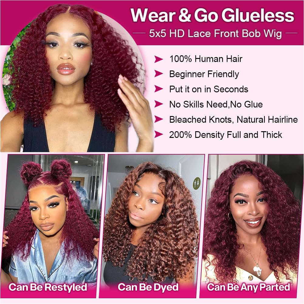 Ailwelia 99j Burgundy Deep Wave Bob Wig 200 Density 5x5 Hd Lace Closure Wigs Human Hair Curly Wigs For Women Deep Wigs Pre Plucked With Baby Hair Deep Wave Bob Burgundy Wig Glueless 14 Inch