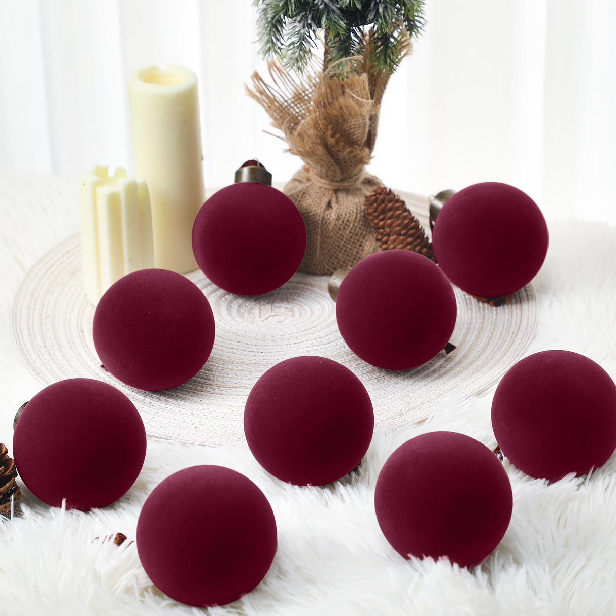 Liliful 15 Pcs Velvet Christmas Balls Bulk Flocked Christmas Tree Ball Ornaments Plastic Xmas Decorative Hanging Ornaments (Burgundy)