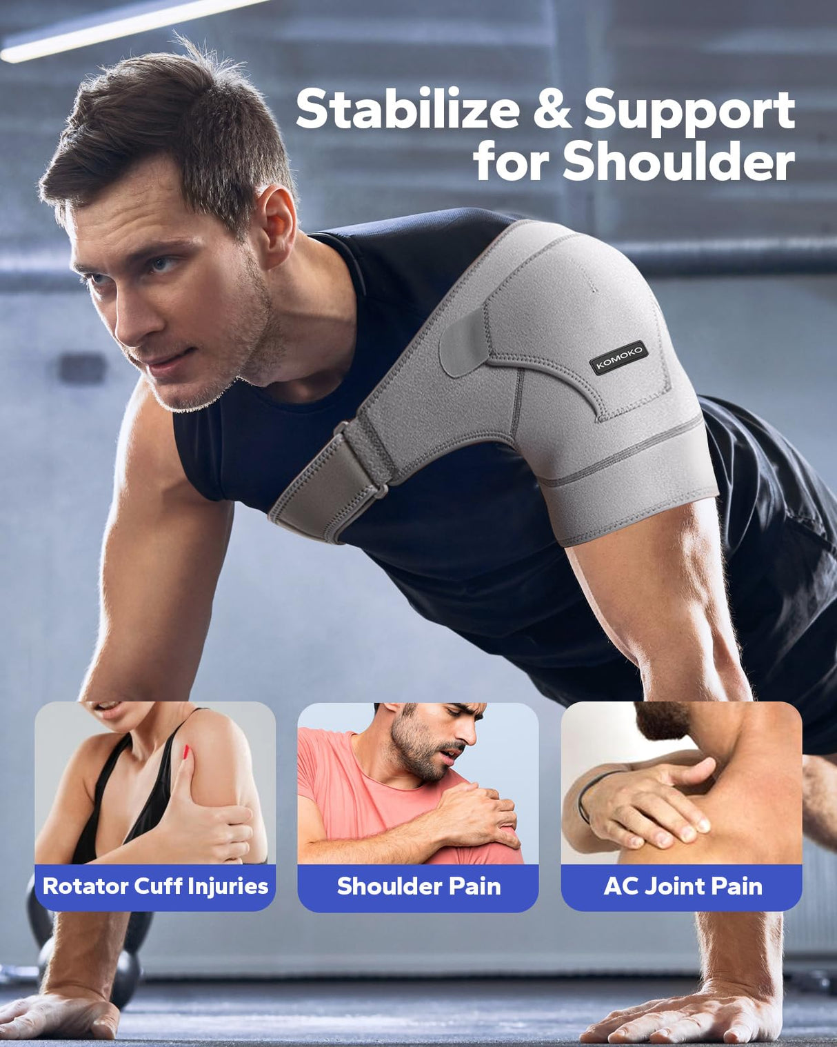 Komoko Shoulder Brace, Rotator Cuff Support Brace with Ice Pack Insertion Capability, Pressure for Preventing Strains and Dislocation, Alleviating Shoulder Pain, Adjustable Fit for Men and Women