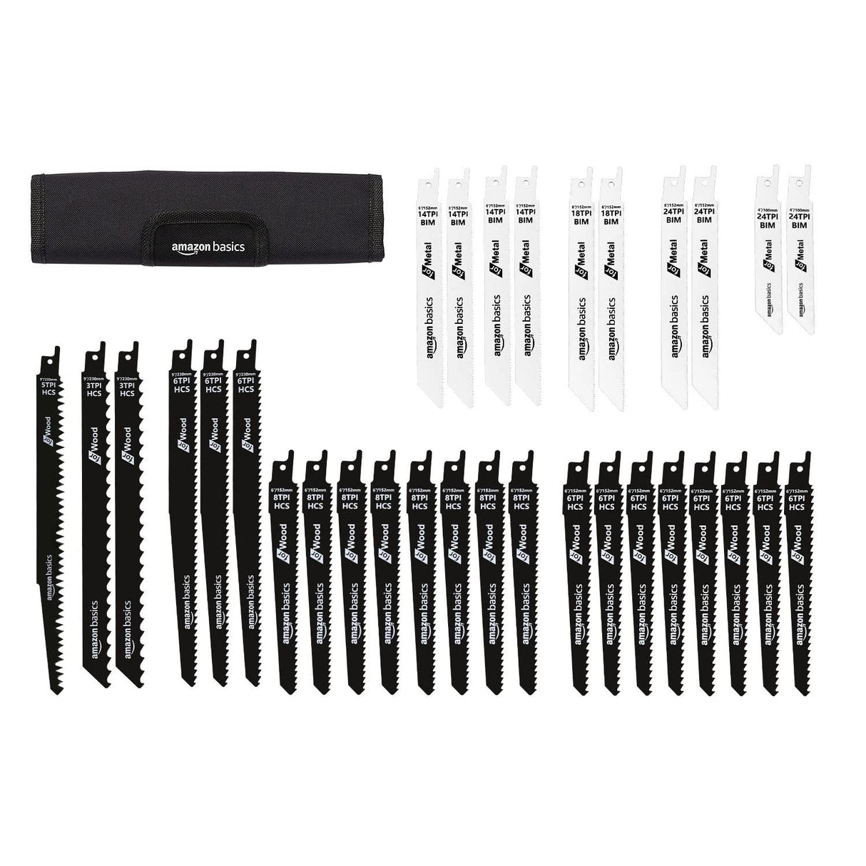 Amazon Basics Chromium Vanadium Steel Reciprocating Saw Blade Set with Organizer Pouch, Compatible For Plastic, 32-Pieces, Black & White
