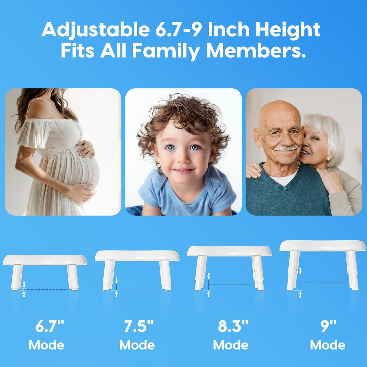 Toilet Stool Squat Adult, Poop Stool for Bathroom with Non-Slip Design, Adjustable Height from 6.7 to 9 inches, White