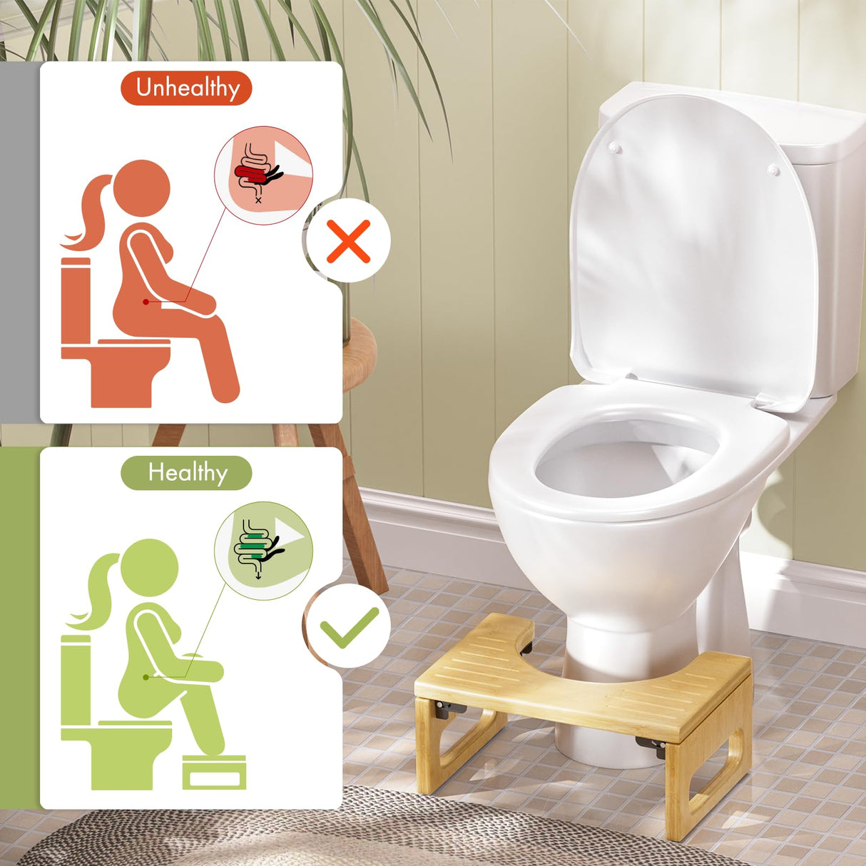 AmazerBath 7 Inches Bamboo Toilet Stool Squat for Adult, Foldable Squatting Potty Stool for Bathroom, Poop Step Stool with Non-Slip Strip, Space-Saving, No Assembly Required, Natural Color