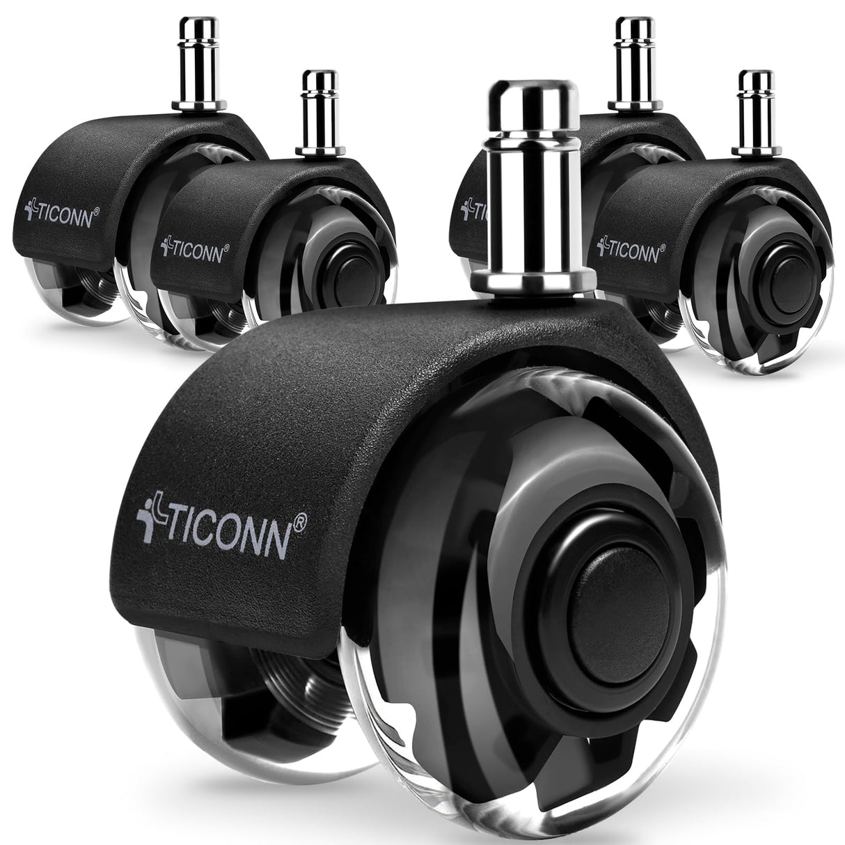 TICONN Office Chair Caster Wheels 2" Dual Wheels Set of 5 for Tile and Hardwood Floors, Universal Fit for Most Chairs (Transparent)