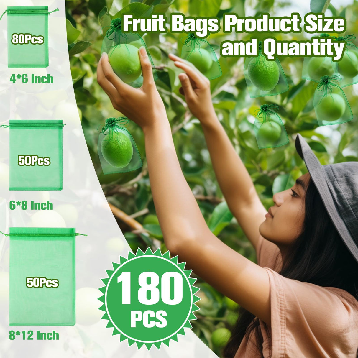 180 Pcs Fruit Protection Bags for Fruit Trees, Green Fruit Netting Cover Bags 3 Size Garden Netting Bags with Drawstring Mesh Barrier Bags for Plant Flower Vegetable Fruit Organza Bags Netting