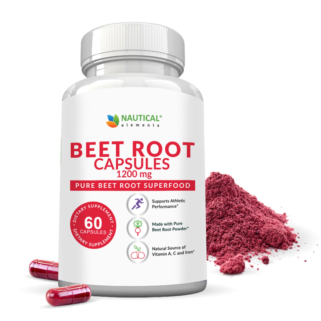 Beet Root Capsules - 1200mg Per Serving - 60 Beet Root Powder Capsules - Beetroot Powder Supports Blood Pressure, Athletic Performance, Digestive, Immune System (Pure, Non-GMO & Gluten Free