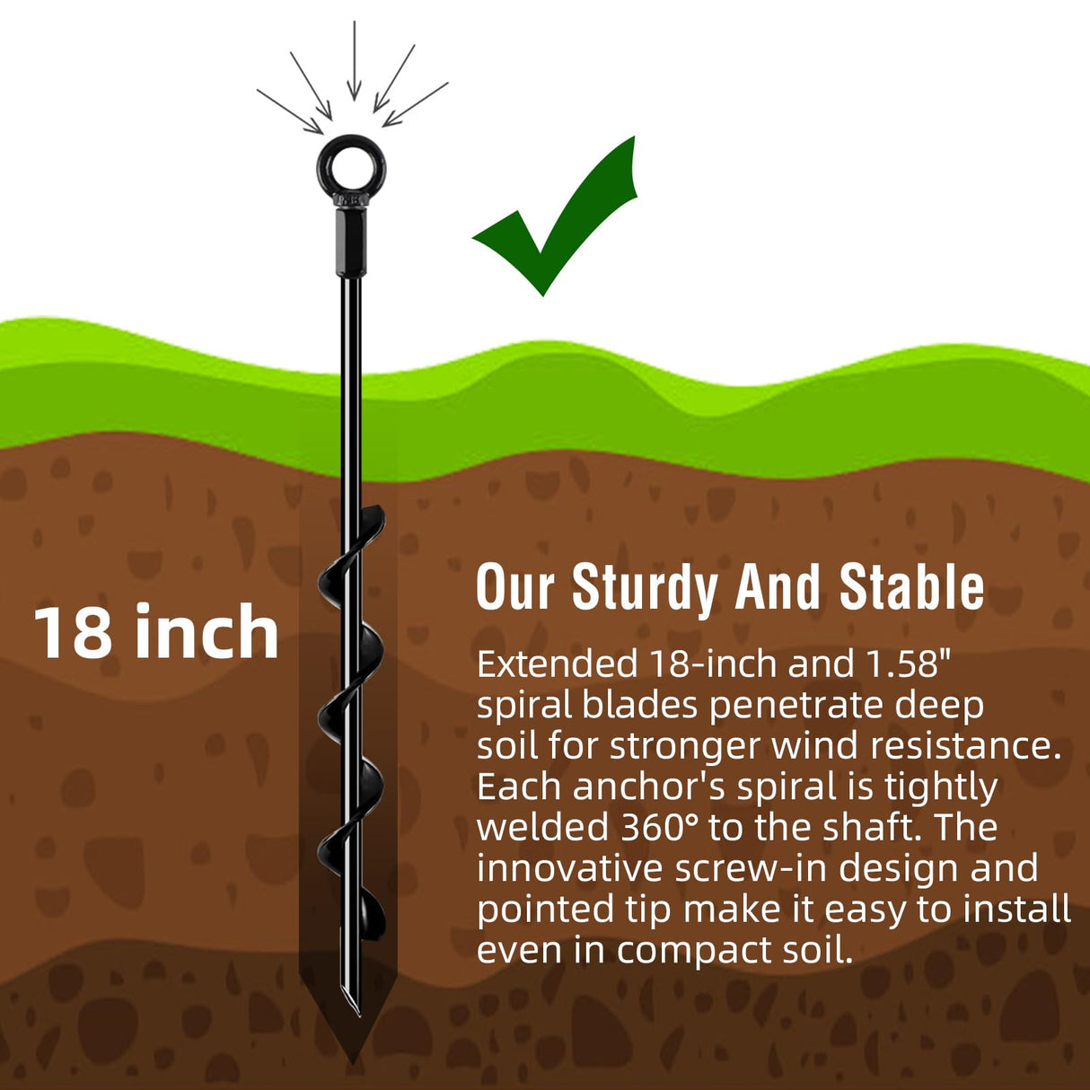 Fabulas Ground Anchors Screw in, 18 Inch 4 Pack Spiral Swing Set Trampoline Earth Anchor Heavy Duty Metal Auger Stakes Kit for Shed Tent Tree Dog High Wind Carports Camping Mobile Home Greenhouse