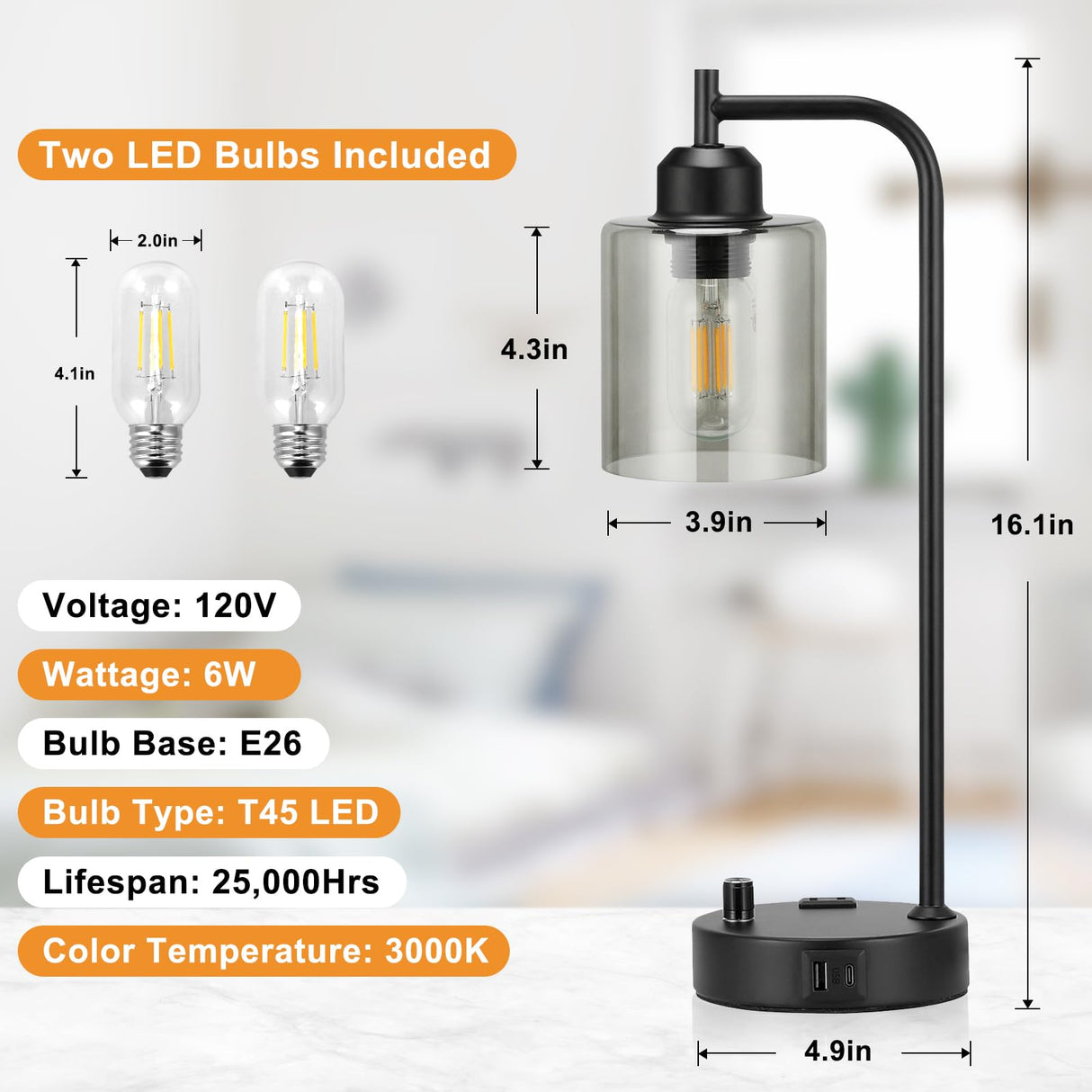 Innqoo Industrial Table Lamps for Bedrooms Set of 2 - Fully Dimmable Bedside Lamps with USB Ports and Outlet, Copper Nightstand Lamps with Glass Shade for Living Room, Desk Lamps for Office Reading
