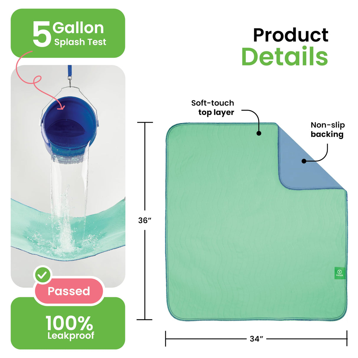 IMPROVIA® Washable Underpads, 34" x 36" (Pack of 6) - Heavy Absorbency Reusable Incontinence Pads for Kids, Adults, Elderly, and Pets - Waterproof Protective Pad for Bed, Couch, Sofa, Furniture, Floor