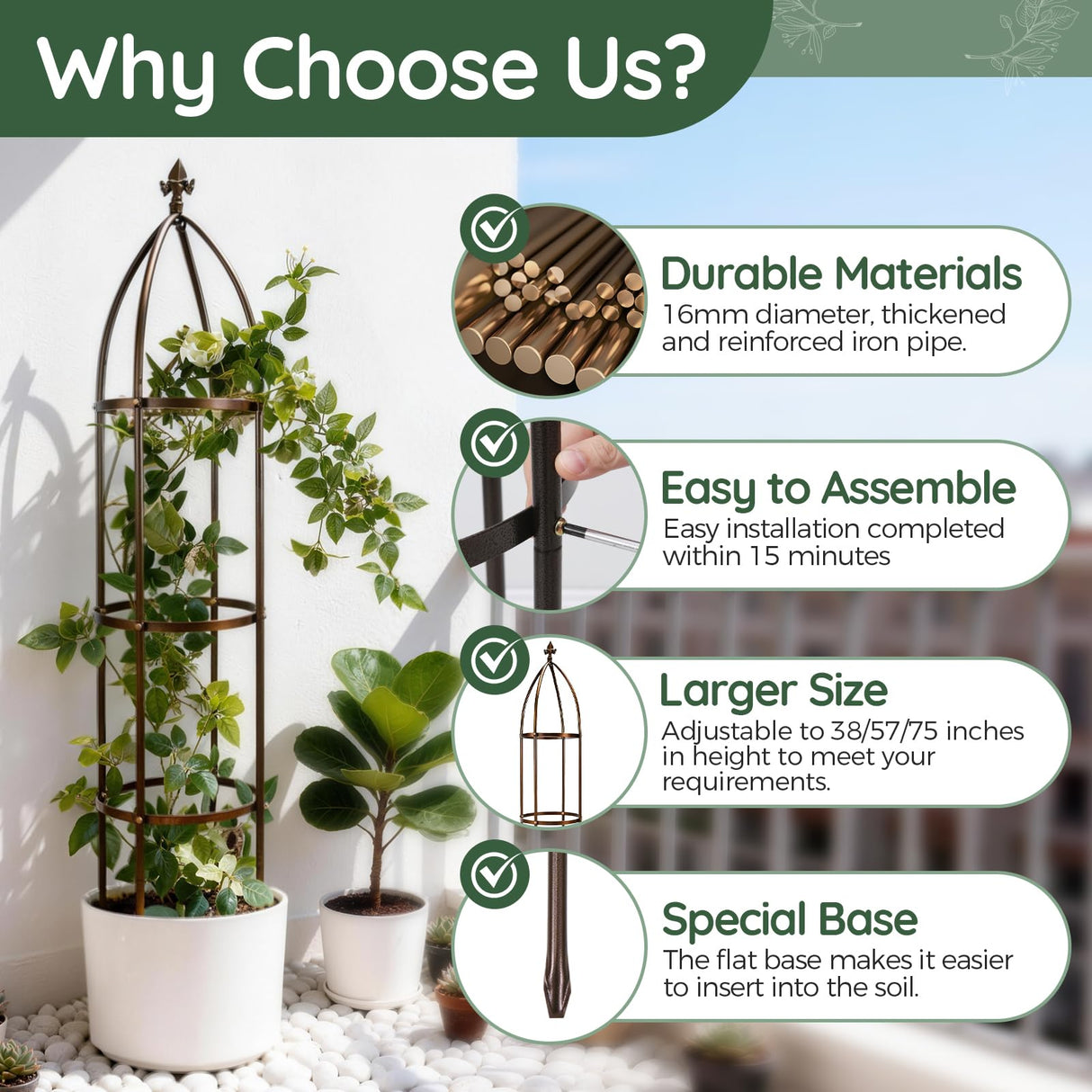 6.3FT, 100% Metal Thickened Garden Obelisk Trellis for Climbing Plants