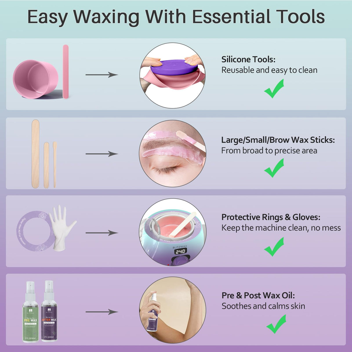 BLITZWAX Brazilian and Bikini Waxing Kit for Women, Hard Wax Warmer for Face, Legs, and Body, At Home Hair Removal Kit, Beginner Friendly, Quick Heating, 32pcs Wax Spatulas