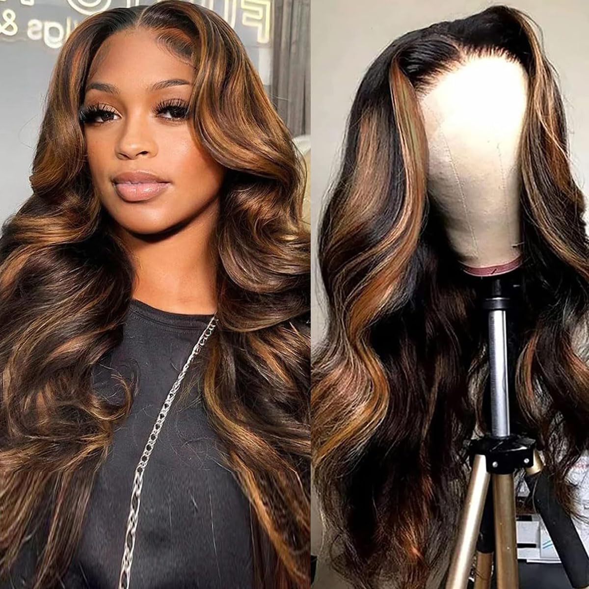 30 inch 13x6 Highlight Body Wave Lace Front Wigs Human Hair Pre Plucked 200% Density FB/30 Ombre Frontal Wigs Human Hair HD Lace Wig Glueless Balayage Wigs for Black Women Human Hair Bleached Knots