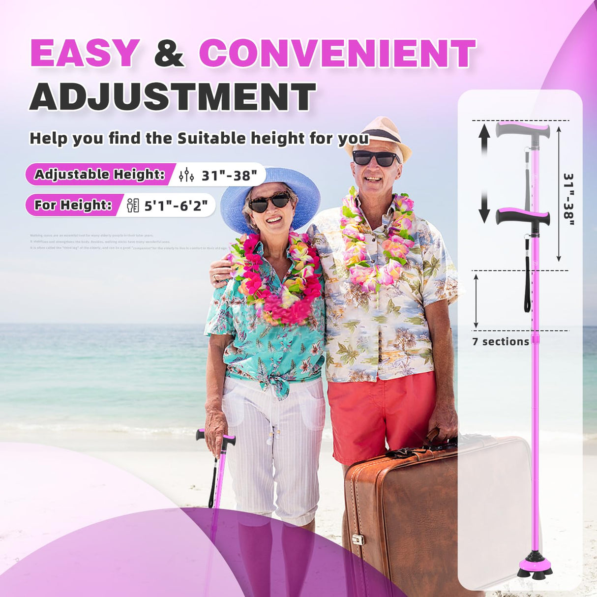 BeneCane Walking Cane for Men & Women Walking Stick for Seniors Folding Canes Quad Cane Adjustable Lightweight Sturdy Collapsible Heavy Duty with Soft TPR T-Handle and Travel Bag